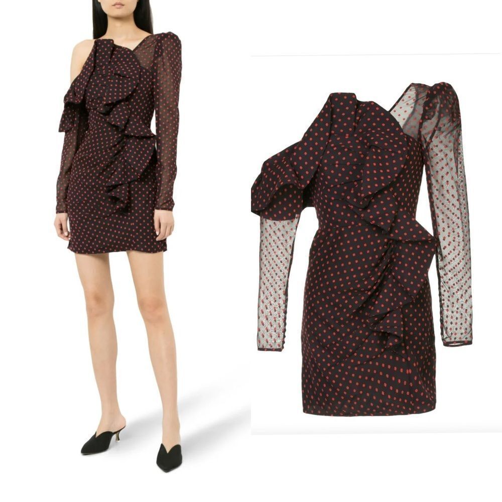 NWT Self-Portrait Plumetis One Shoulder Polka Dot Ruffled Mini Dress
